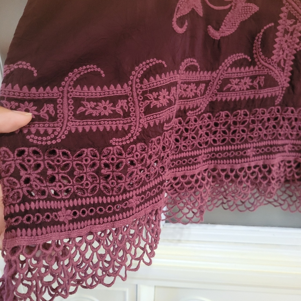 Johnny Was Embroidered V-Neck Top - Burgundy - Picture 3 of 14